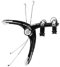 Side view of the hub of the Thule 9002 Raceway 3-Bike Trunk Mount Carrier showing Sure-Tight tension release switches, ratcheting tension knobs and lock