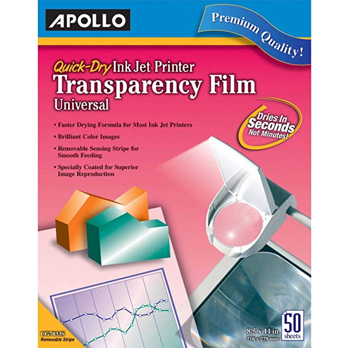 Apollo Quick-Dry Color Inkjet Transparency Film, Letter, Clear, 50/Box