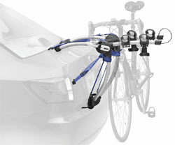 The Thule 9009 Archway 2-Bike Trunk/Strap Mount Rack mounted on a car trunk