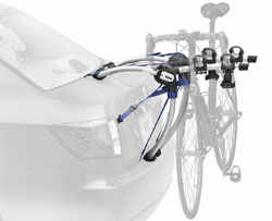 The Thule 9006 Gateway 2-Bike Trunk/Strap Mount Rack mounted on a car trunk