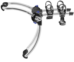 An isolated image of the Thule 9006 Gateway 2-Bike Trunk/Strap Mount Rack showing the Stay-Put cradle and no-sway cages combination